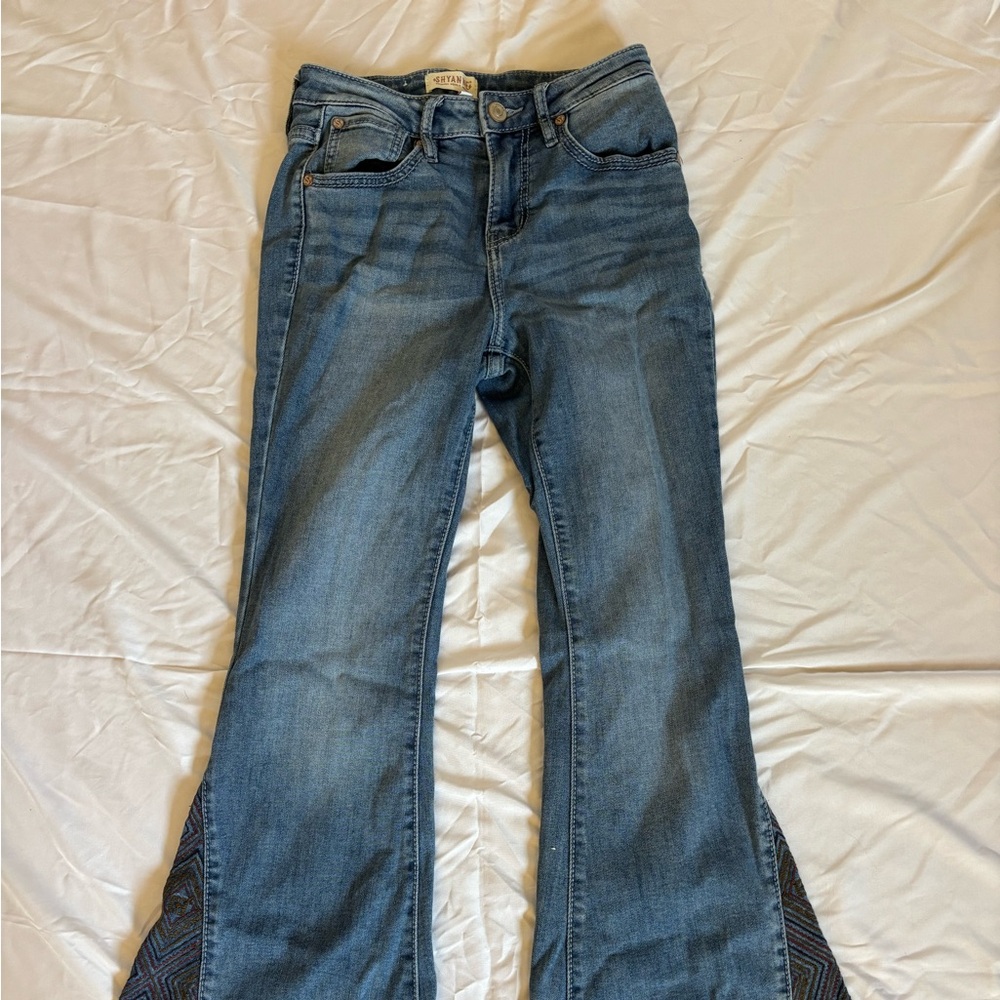 Shyanne Blue Flare Jeans with Patterned Insets